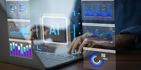 Ai artificial intelligence for data analytics a data scientist uses a laptop to analyze customer behavior data for ai web analytics and marketing prediction