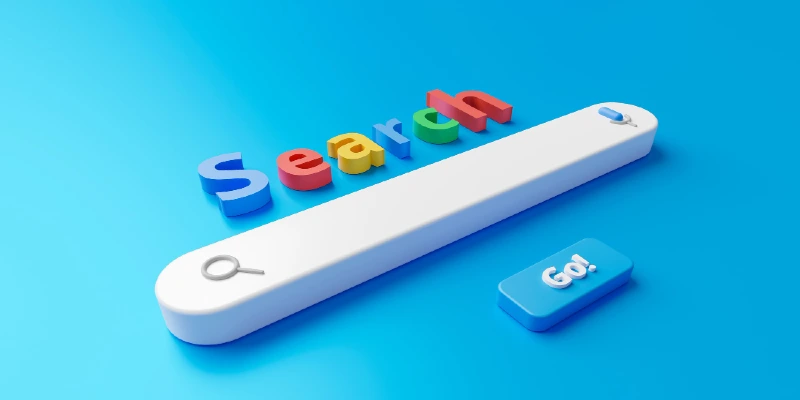 Blank minimal search bar box on website interface background with searching or finding button